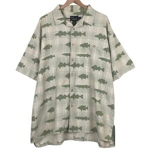 DICK IDOL Linen Cotton Fish Print Camp Shirt Men's XL Ivory Green S/S Button Up